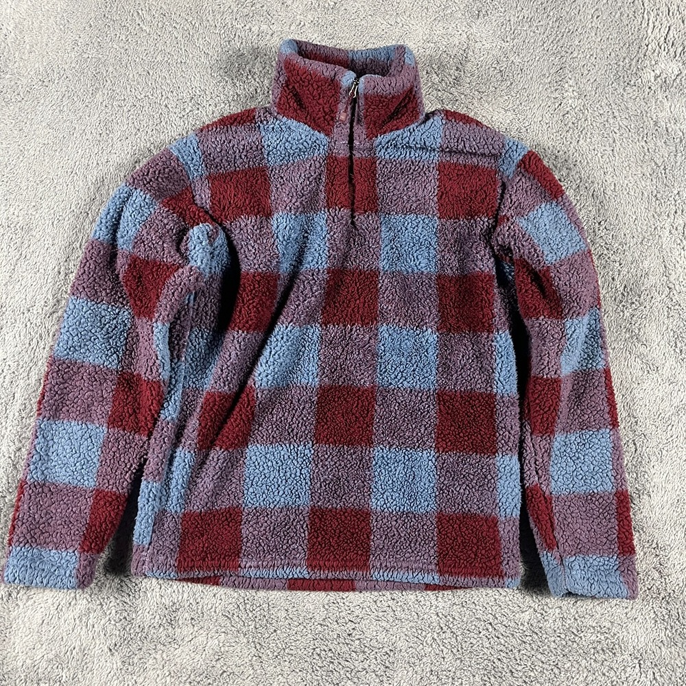 Eddie Bauer Quarter Zip Sherpa Fleece Pullover Womens Small Maroon Blue Plaid